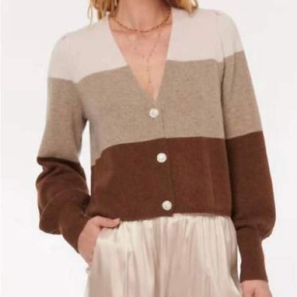 Cami NYC Sweaters - Cami NYC Maya Cardigan Merino Wool in Cream Taupe and Brown